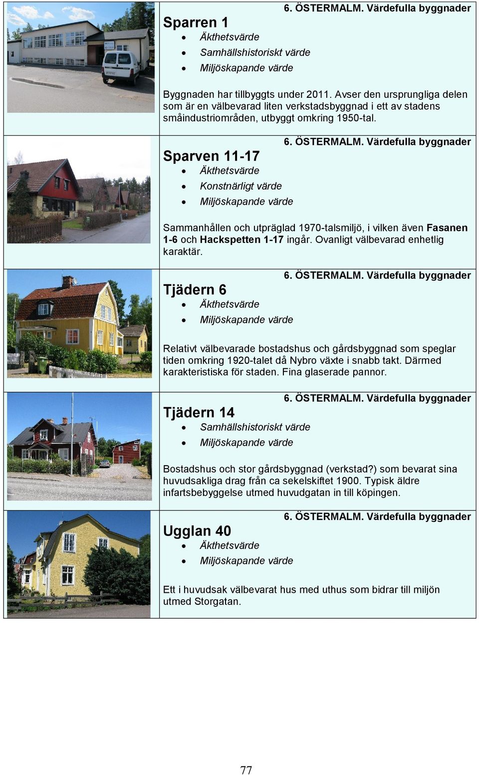 Tjädern 6 Äkthetsvärde Relativt välbevarade bostadshus och gårdsbyggnad som speglar tiden omkring 1920-talet då Nybro växte i snabb takt. Därmed karakteristiska för staden. Fina glaserade pannor.