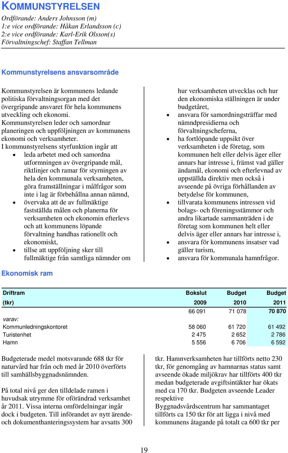 Kommunstyrelsen leder och samordnar planeringen och uppföljningen av kommunens ekonomi och verksamheter.