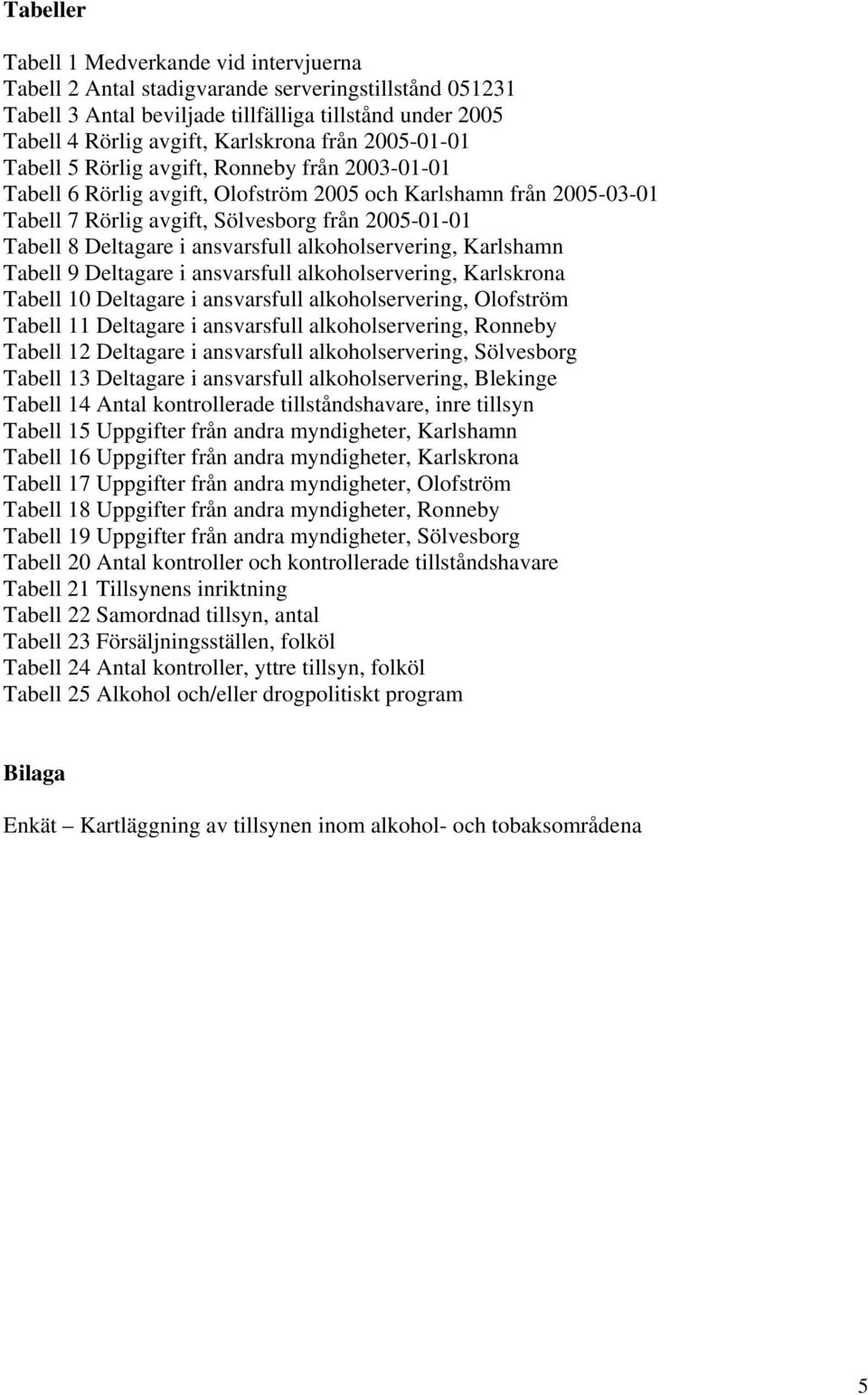 Deltagare i ansvarsfull alkoholservering, Karlshamn Tabell 9 Deltagare i ansvarsfull alkoholservering, Karlskrona Tabell 10 Deltagare i ansvarsfull alkoholservering, Olofström Tabell 11 Deltagare i