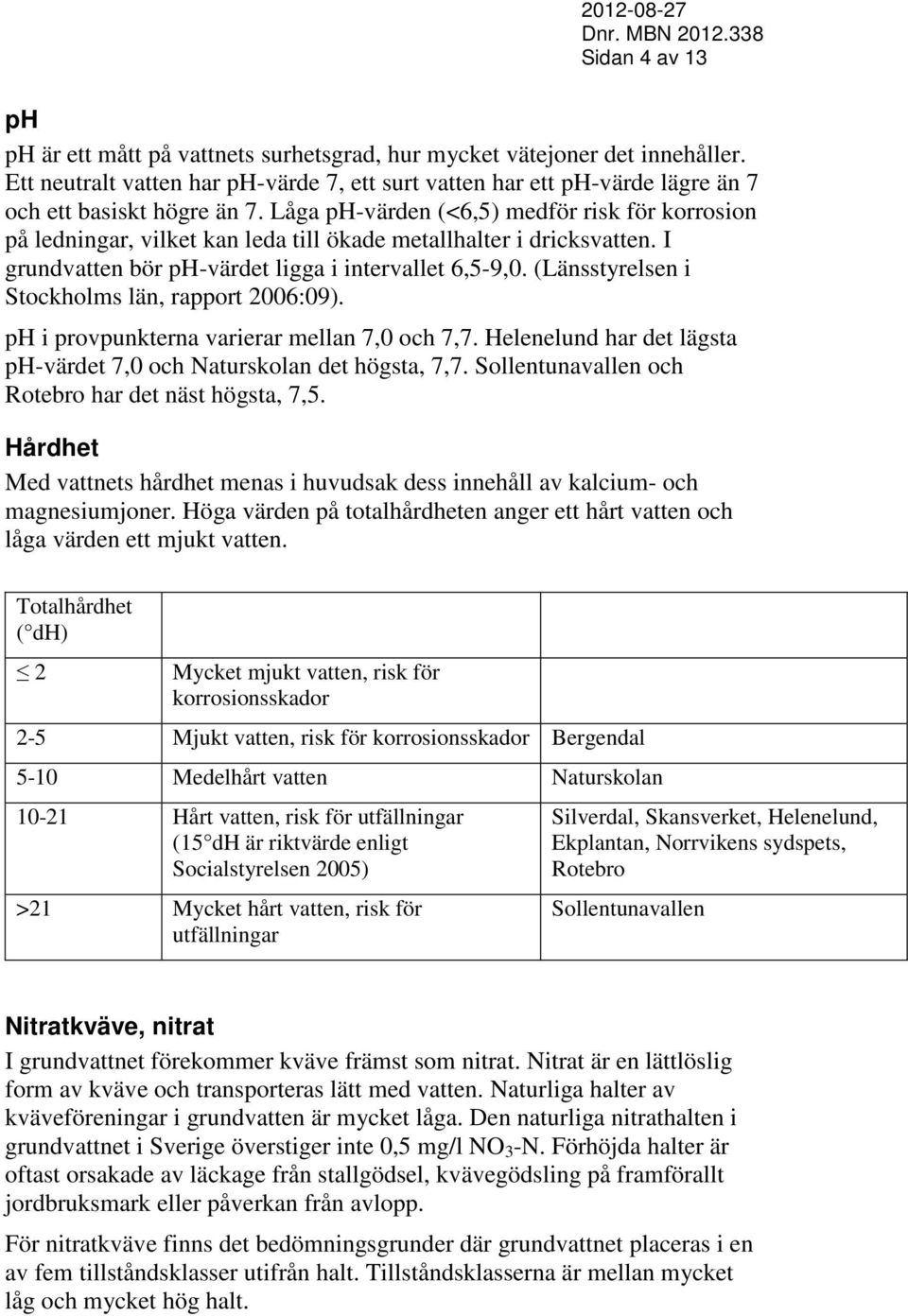 Låga ph-värden (<6,5) medför risk för korrosion på ledningar, vilket kan leda till ökade metaller i dricksvatten. I grundvatten bör ph-värdet ligga i intervallet 6,5-9,0.