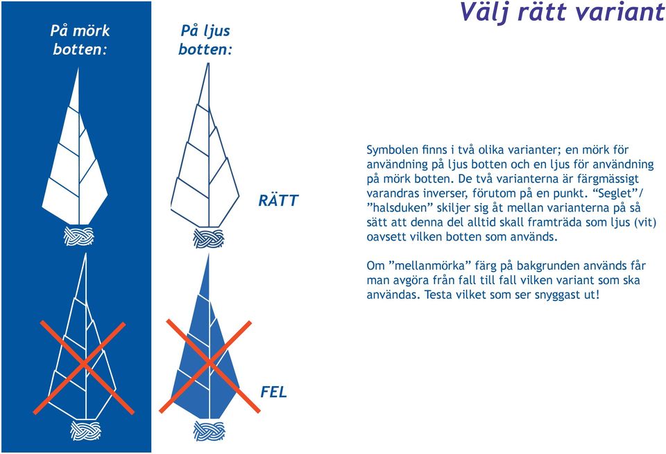 Seglet / halsduken skiljer sig åt mellan varianterna på så sätt att denna del alltid skall framträda som ljus (vit) oavsett vilken