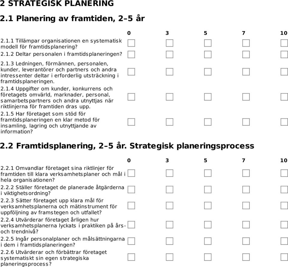 2.2 Framtidsplanering, 2 5 år. Strategisk planeringsprocess 2.2.1 Omvandlar företaget s ina riktlinjer för framtiden till klara verks amhets planer och mål i hela organis ationen? 2.2.2 Ställer företaget de planerade åtgärderna i viktighets ordning?