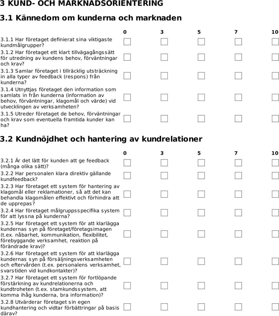 3.1.5 Utreder företaget de behov, förväntningar och krav s om eventuella framtida kunder kan ha? 3.2 Kundnöjdhet och hantering av kundrelationer 3.2.1 Är det lätt för kunden att ge feedback (många olika s ätt)?