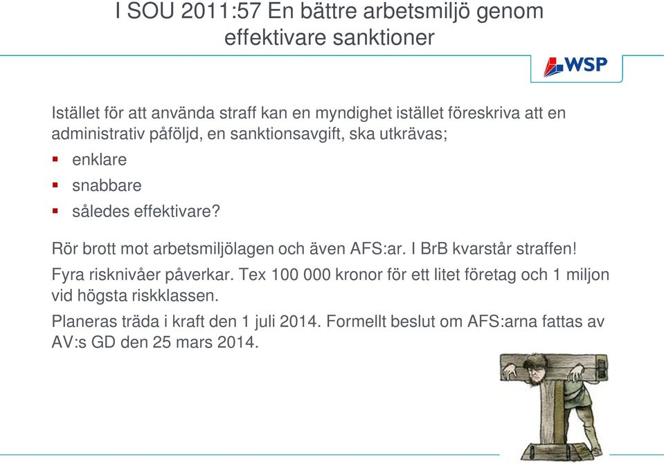 Rör brott mot arbetsmiljölagen och även AFS:ar. I BrB kvarstår straffen! Fyra risknivåer påverkar.