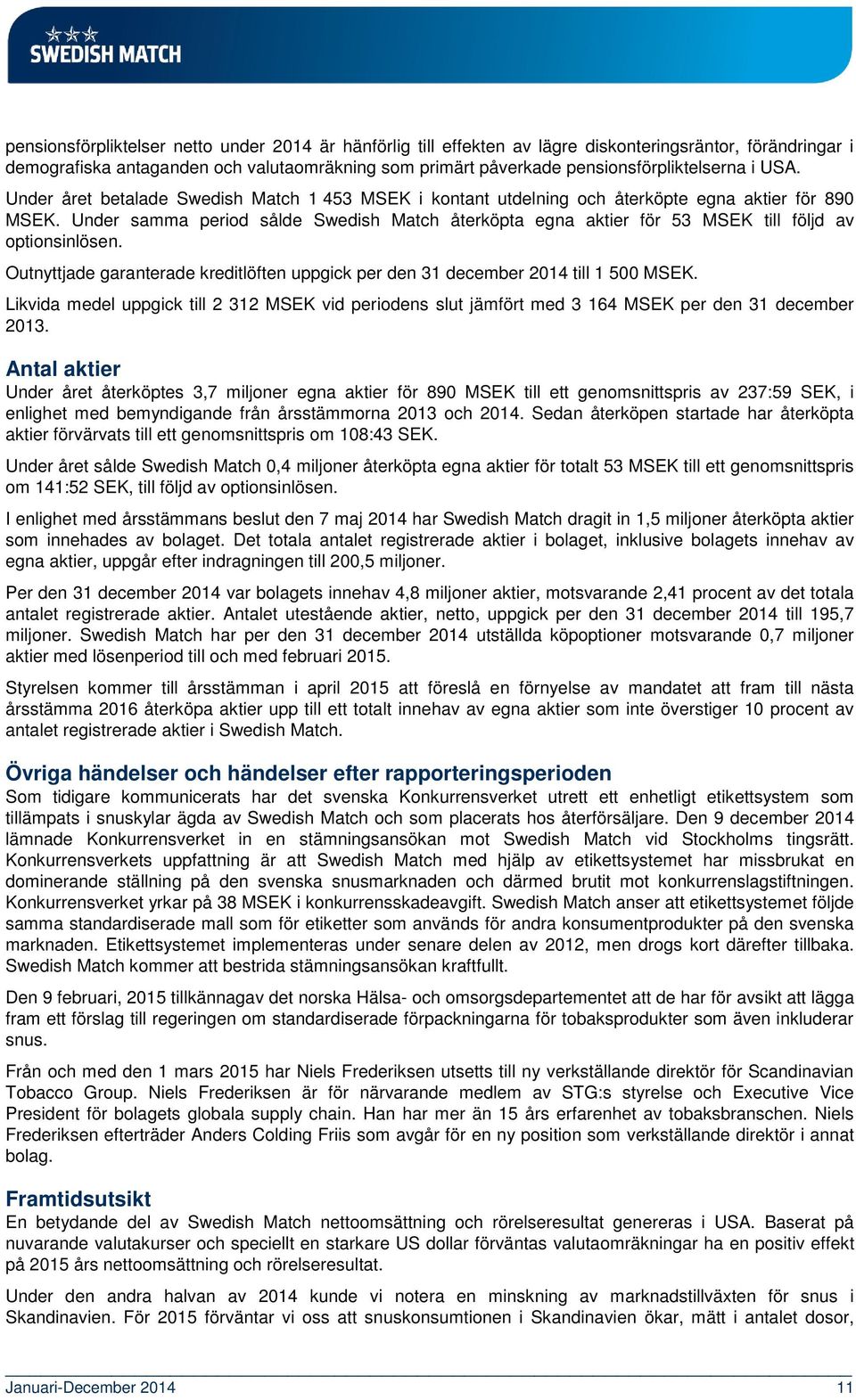 Under samma period sålde Swedish Match återköpta egna aktier för 53 till följd av optionsinlösen. Outnyttjade garanterade kreditlöften uppgick per den 31 december 2014 till 1 500.