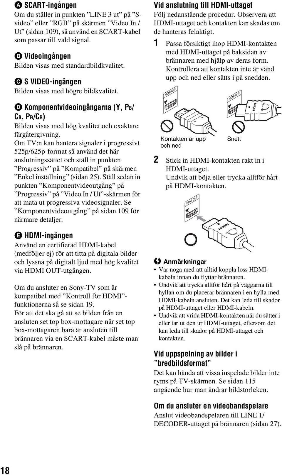 D Komponentvideoingångarna (Y, PB/ CB, PR/CR) Bilden visas med hög kvalitet och exaktare färgåtergivning.