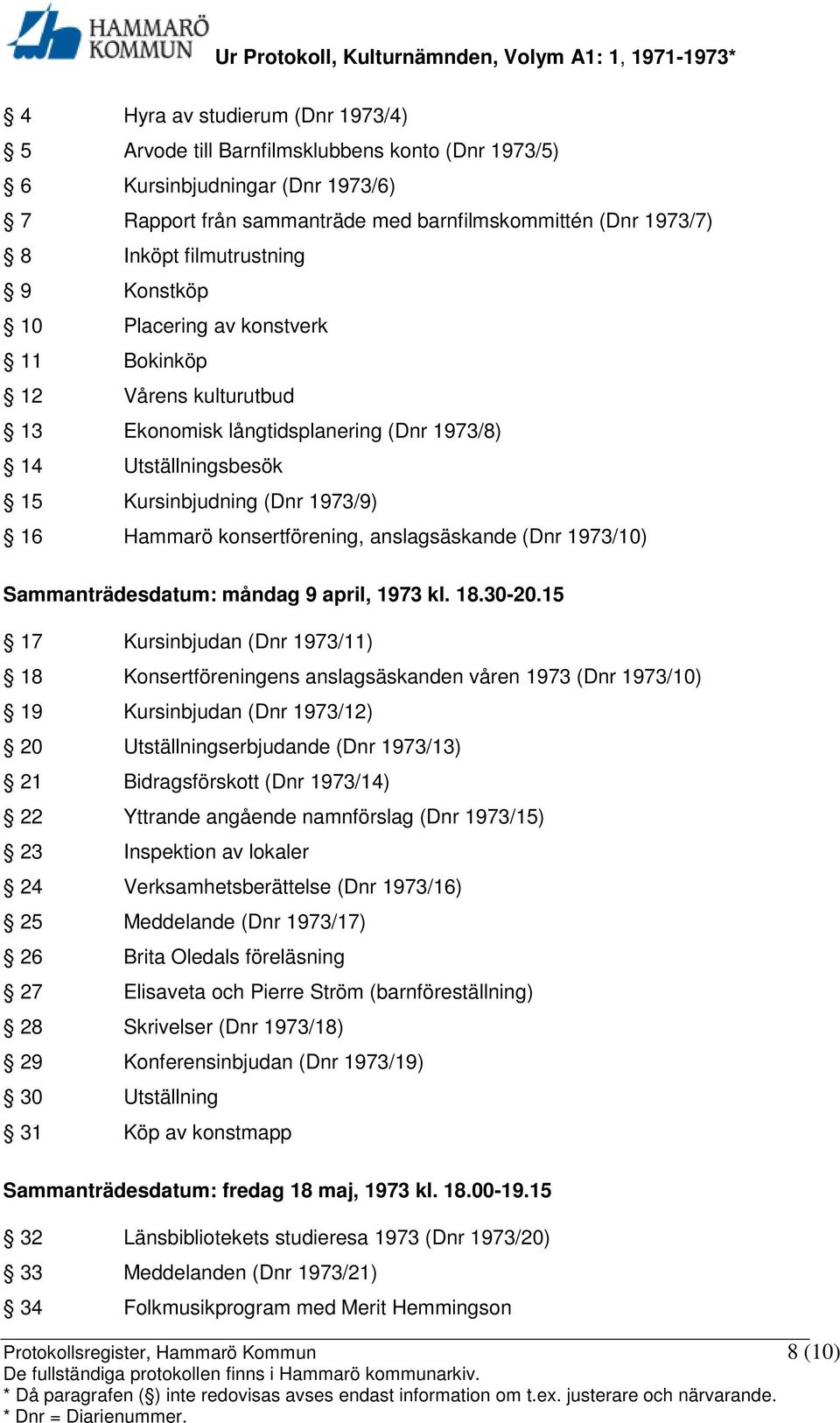 konsertförening, anslagsäskande (Dnr 1973/10) Sammanträdesdatum: måndag 9 april, 1973 kl. 18.30-20.