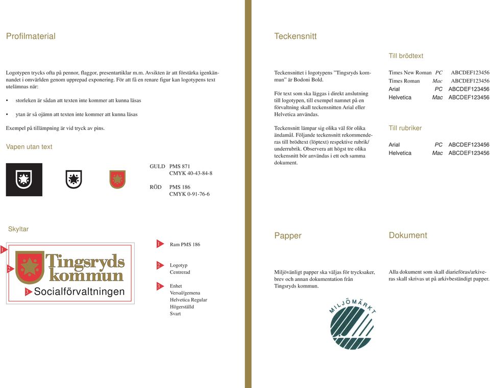 logotypens Tingsryds kommun är Bodoni Bold. För text som ska läggas i direkt anslutning till logotypen, till exempel namnet på en förvaltning skall teckensnitten rial eller Helvetica användas.