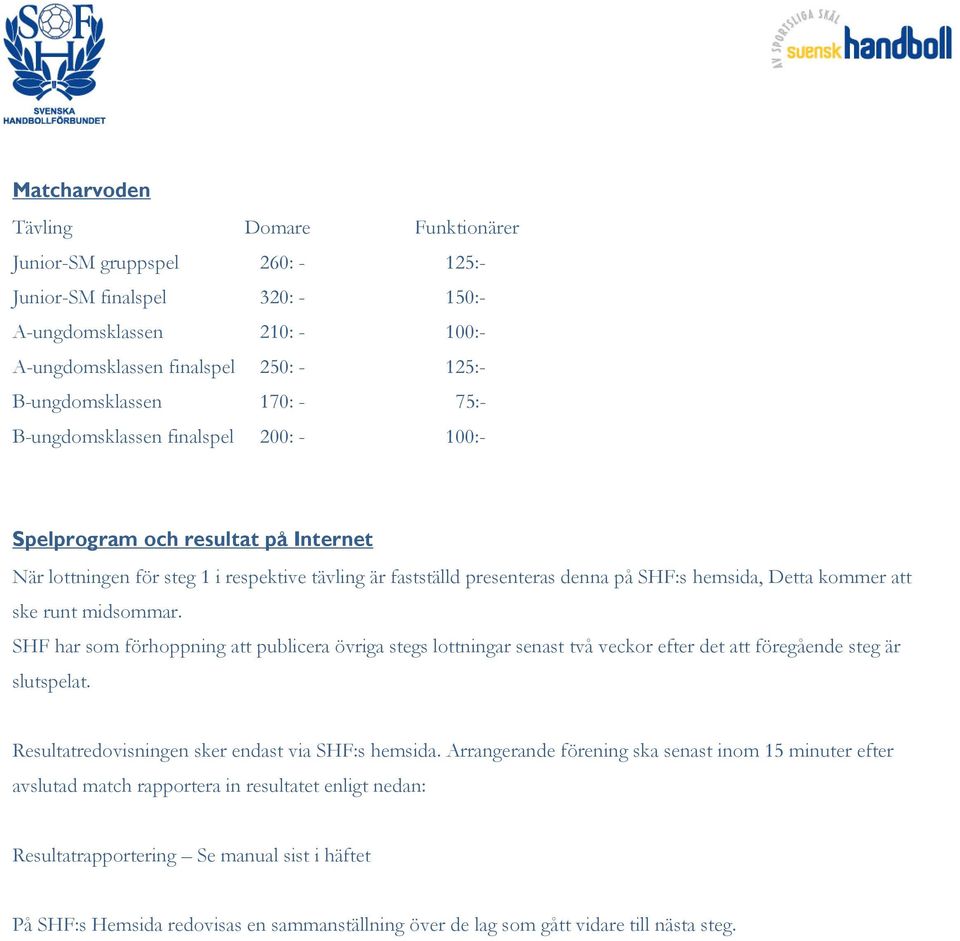 ske runt midsommar. SHF har som förhoppning att publicera övriga stegs lottningar senast två veckor efter det att föregående steg är slutspelat. Resultatredovisningen sker endast via SHF:s hemsida.