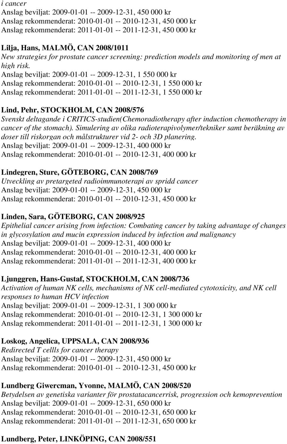 STOCKHOLM, CAN 2008/576 Svenskt deltagande i CRITICS-studien(Chemoradiotherapy after induction chemotherapy in cancer of the stomach).