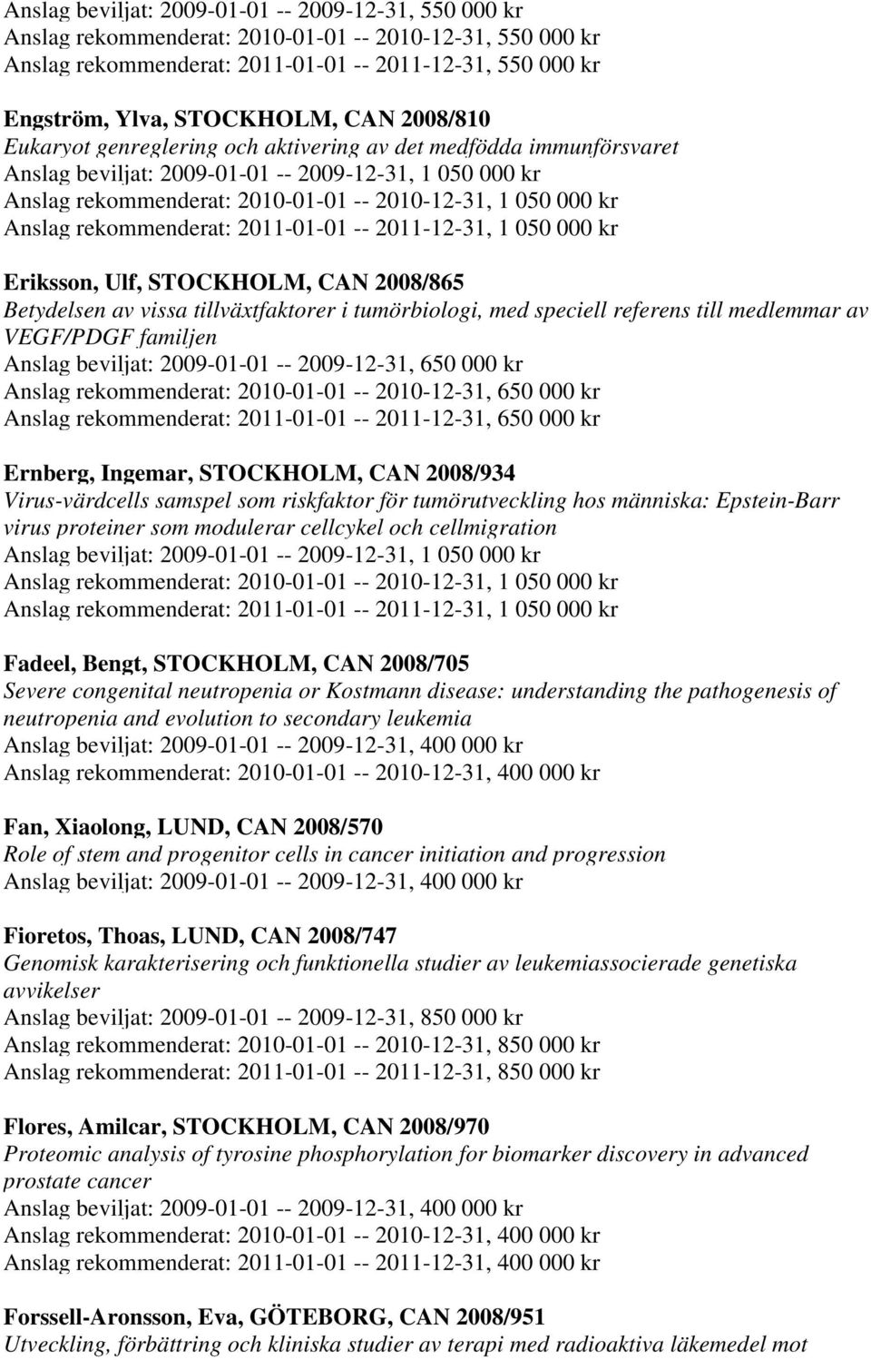 proteiner som modulerar cellcykel och cellmigration Fadeel, Bengt, STOCKHOLM, CAN 2008/705 Severe congenital neutropenia or Kostmann disease: understanding the pathogenesis of neutropenia and