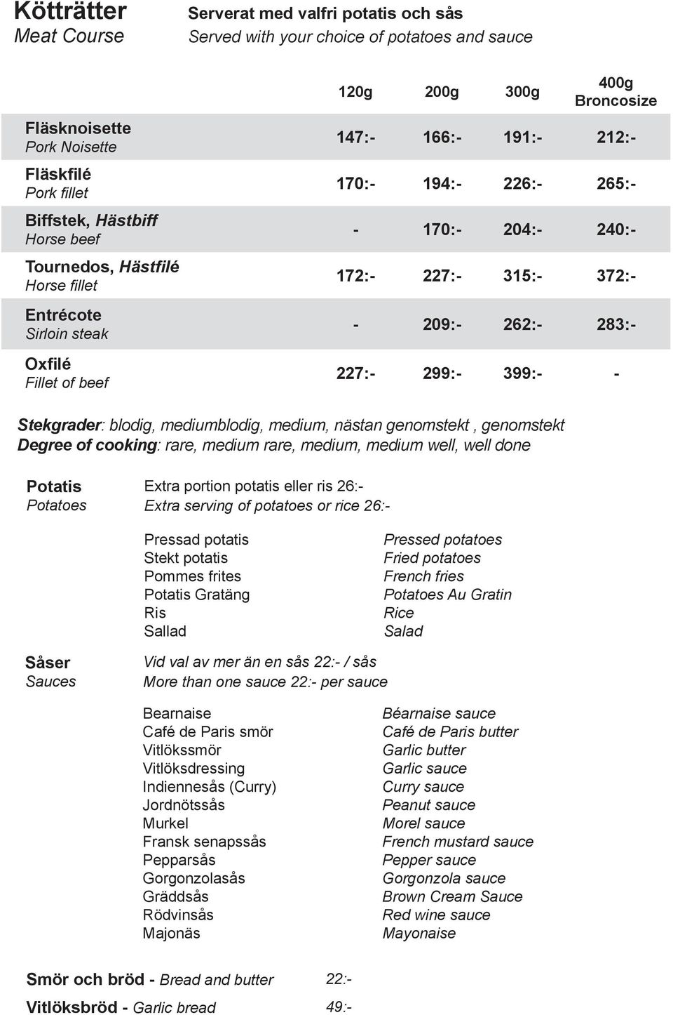 262:- 283:- 227:- 299:- 399:- - Stekgrader: blodig, mediumblodig, medium, nästan genomstekt, genomstekt Degree of cooking: rare, medium rare, medium, medium well, well done Potatis Potatoes Extra