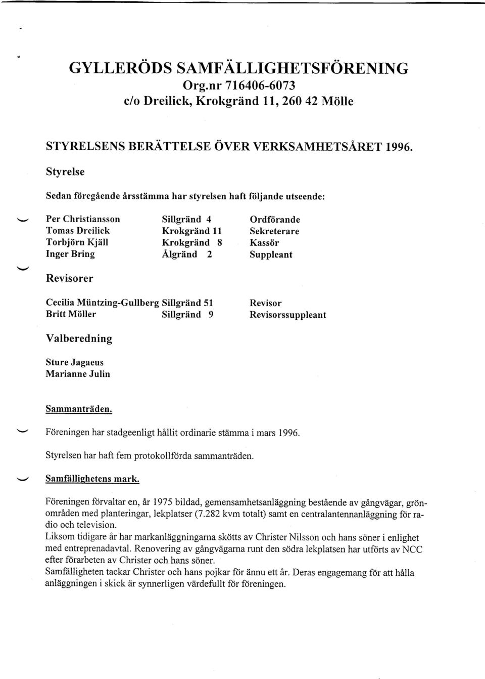 2 Per Christiansson Sillgriind 4 Ordfiirande Tomas Dreilick Krokgriind 11 Sekreterare Torbjiirn Kjiill Krokgrflnd 8 Kasstir Inger Bring Algriind 2 Suppleant Revisorer Cecilia Miintzing-Gullberg