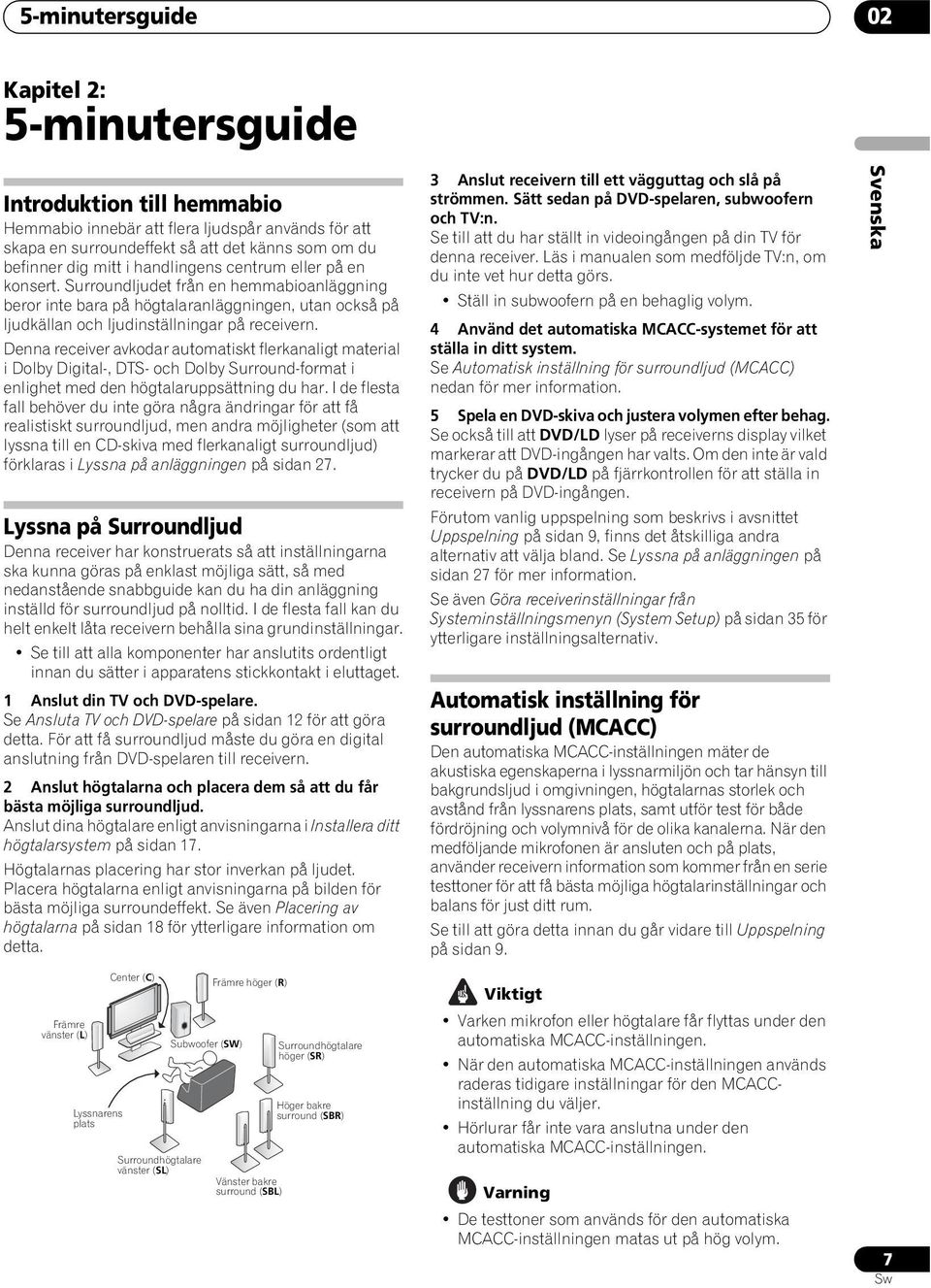 Denna receiver avkodar automatiskt flerkanaligt material i Dolby Digital-, DTS- och Dolby Surround-format i enlighet med den högtalaruppsättning du har.