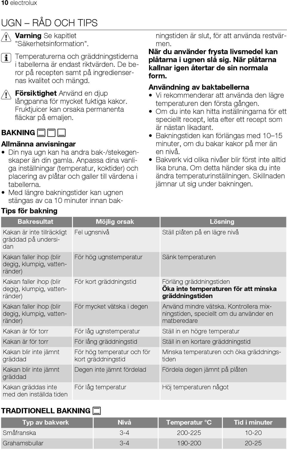 BAKNING Allmänna anvisningar Din nya ugn kan ha andra bak-/stekegenskaper än din gamla.