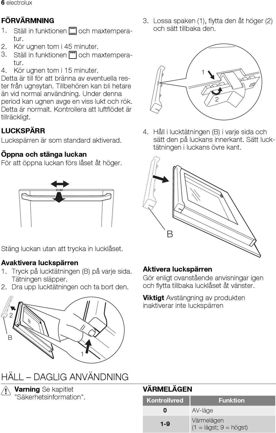 Kontrollera att luftflödet är tillräckligt. LUCKSPÄRR Luckspärren är som standard aktiverad. Öppna och stänga luckan För att öppna luckan förs låset åt höger. 3.