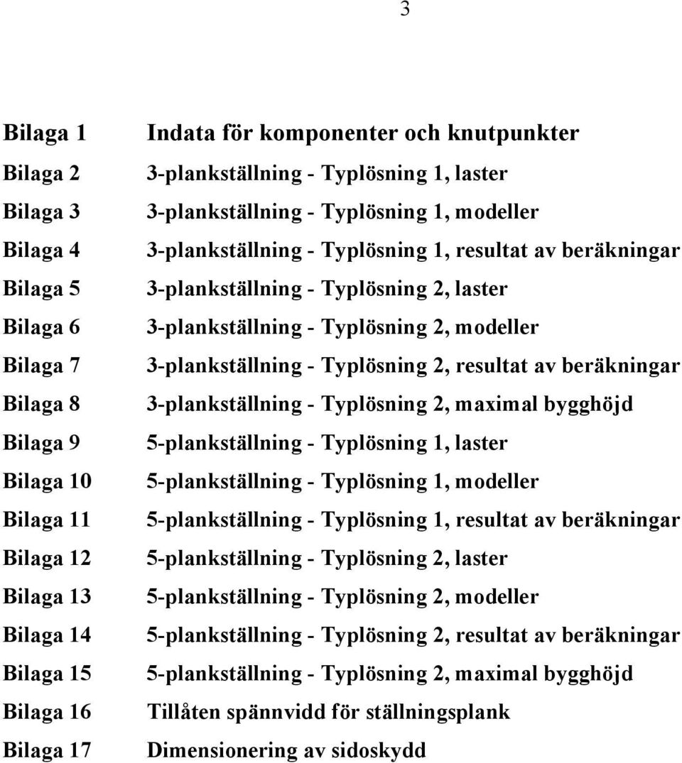 3-plankställning - Typlösning 2, modeller 3-plankställning - Typlösning 2, resultat av beräkningar 3-plankställning - Typlösning 2, maximal bygghöjd 5-plankställning - Typlösning 1, laster