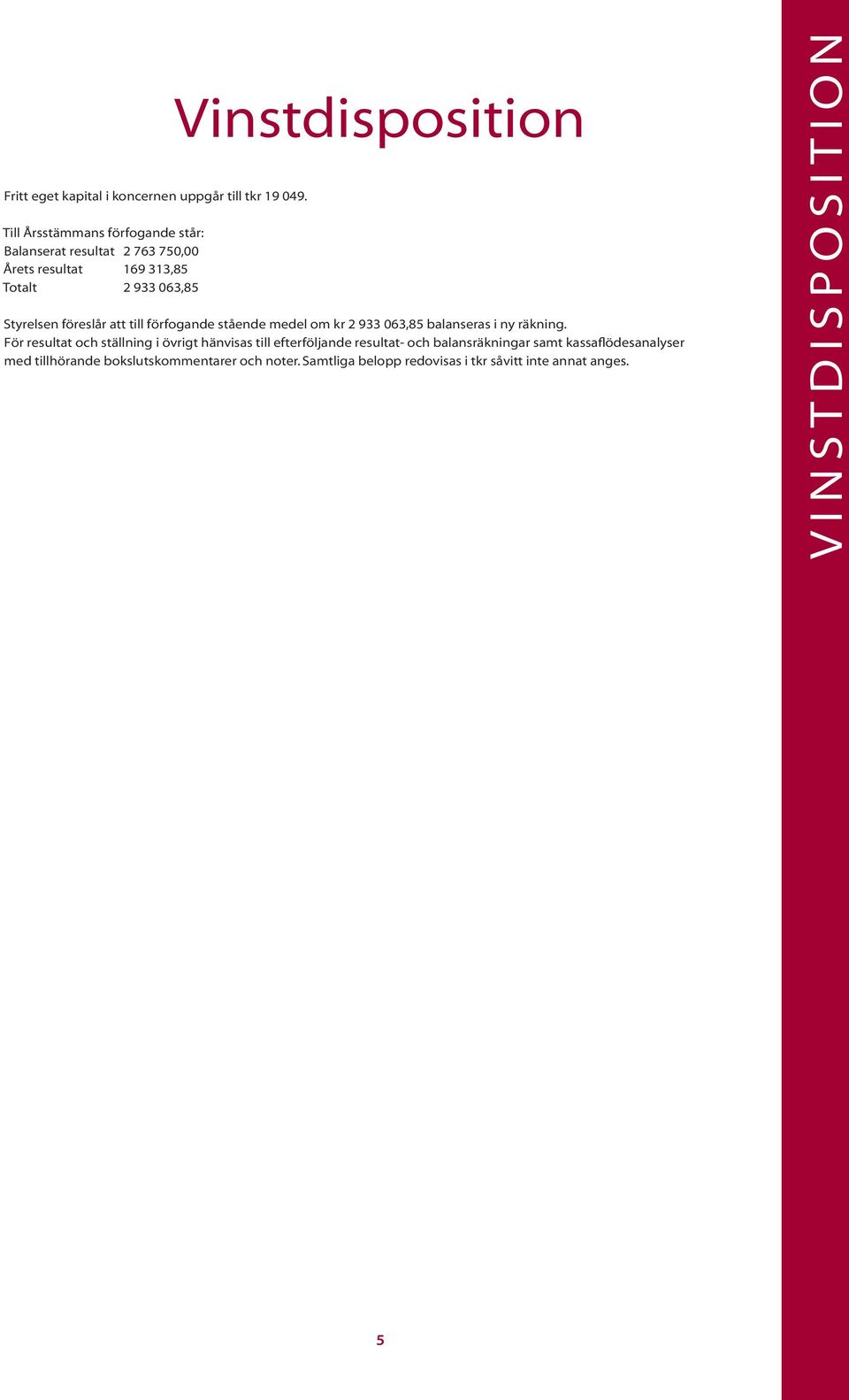 Styrelsen föreslår att till förfogande stående medel om kr 2 933 063,85 balanseras i ny räkning.