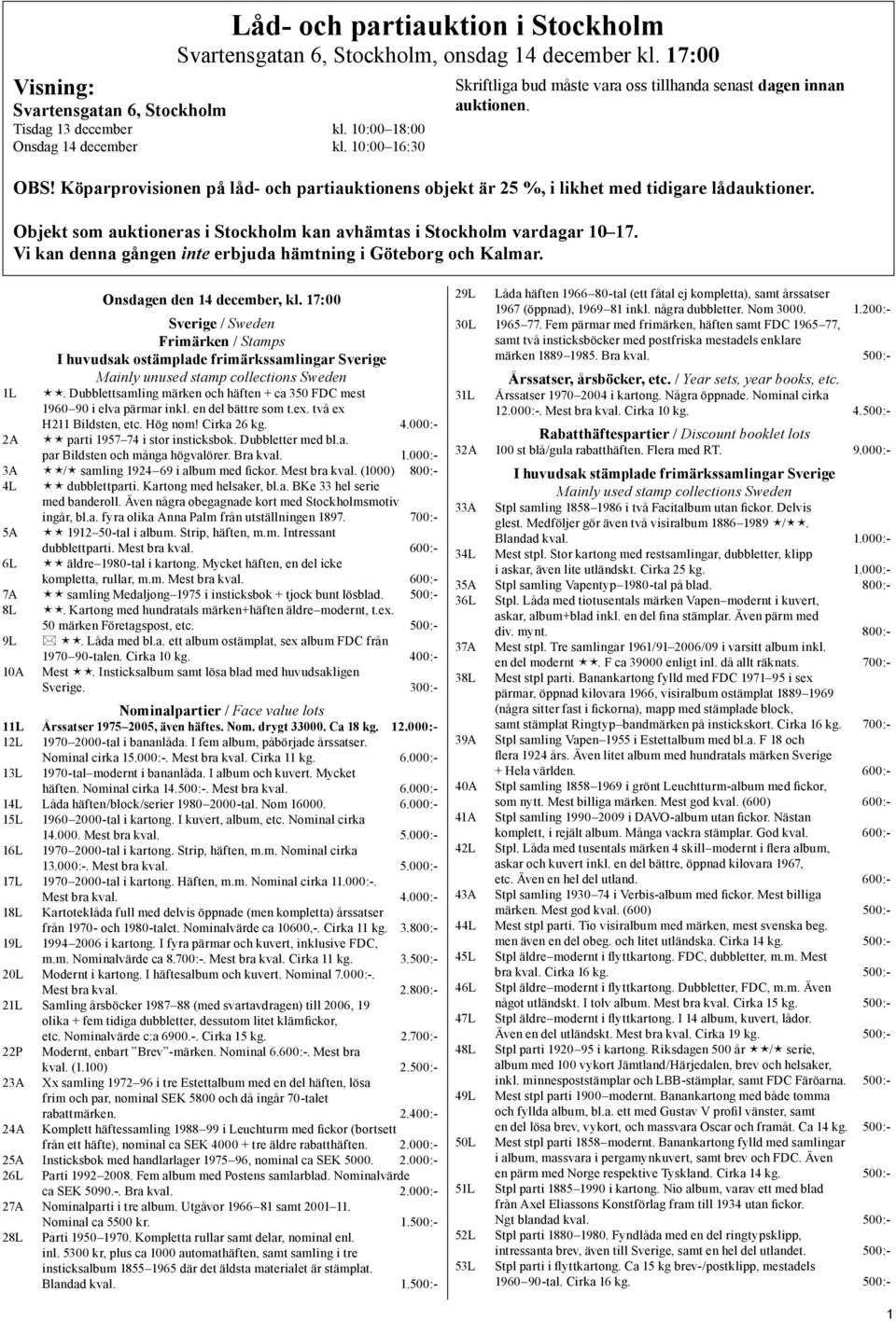 Objekt som auktioneras i Stockholm kan avhämtas i Stockholm vardagar 10 17. Vi kan denna gången inte erbjuda hämtning i Göteborg och Kalmar. Onsdagen den 14 december, kl.