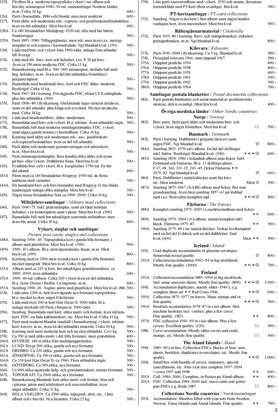 600:- 128A Ca 140 försändelser Medaljong 1920-tal, ofta med lite bättre frankeringar. 500:- 129A Parti 1893 1980. Tilläggstjänster, mest rek, men även t.ex.