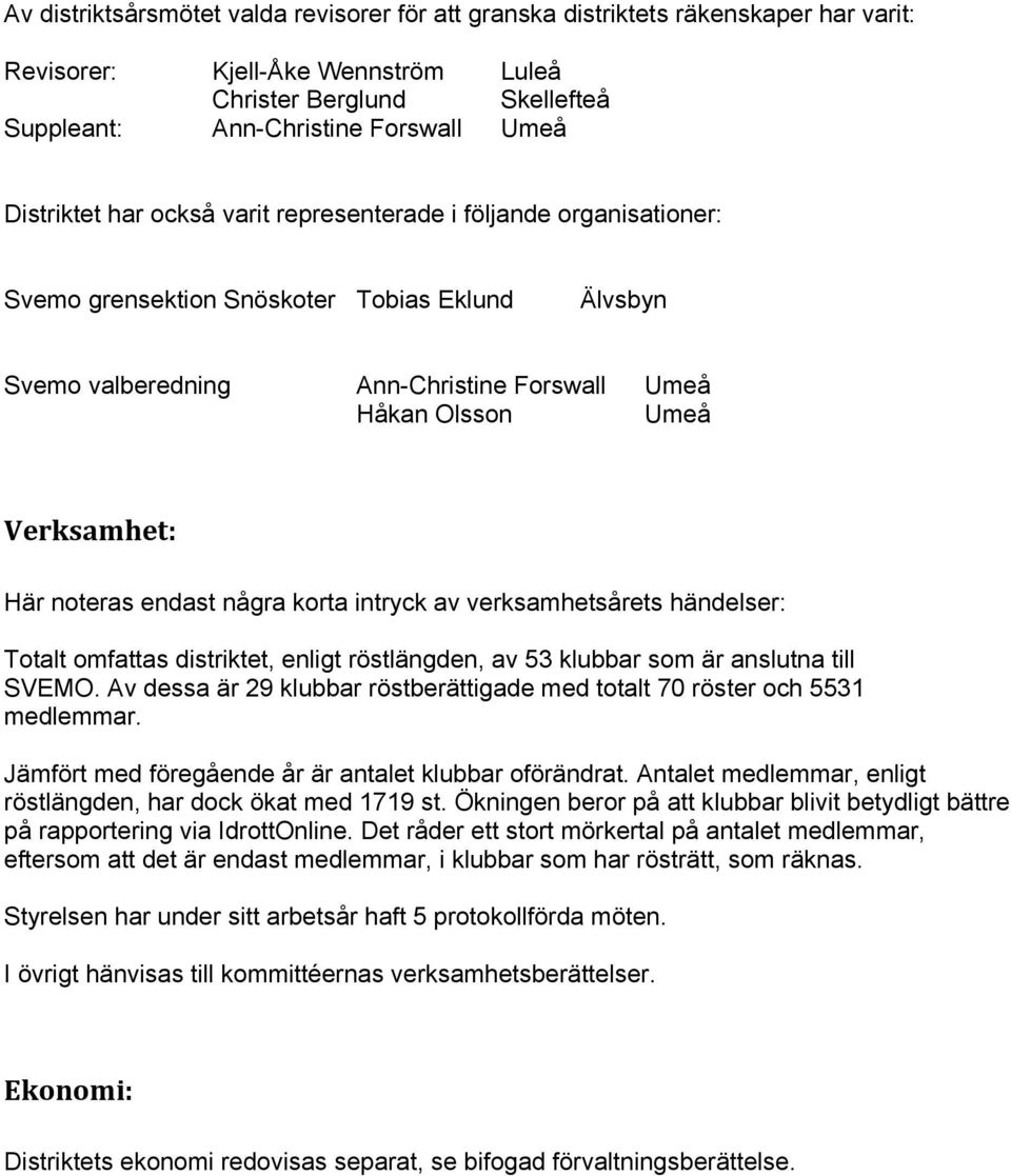 noteras endast några korta intryck av verksamhetsårets händelser: Totalt omfattas distriktet, enligt röstlängden, av 53 klubbar som är anslutna till SVEMO.