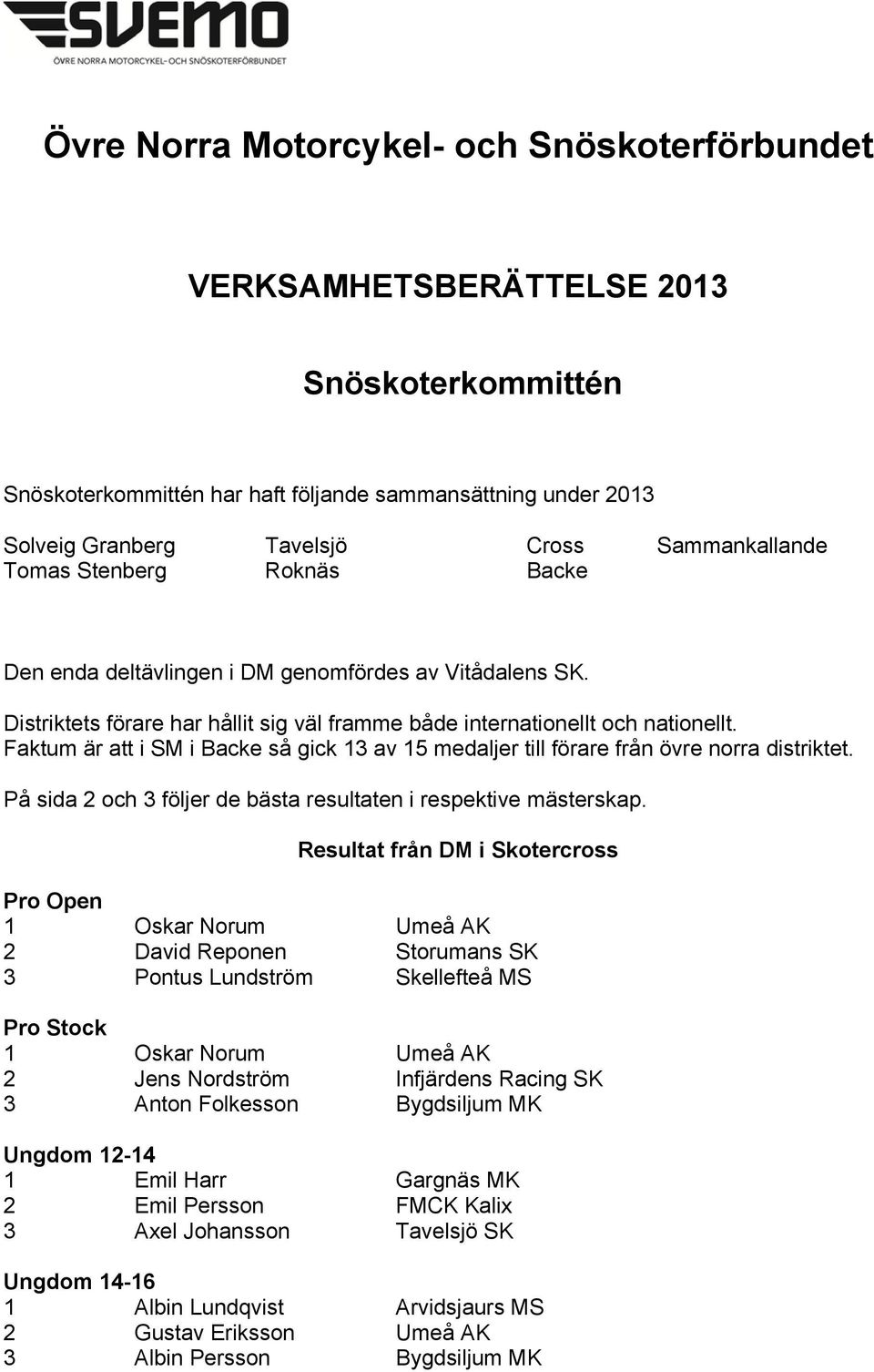 Faktum är att i SM i Backe så gick 13 av 15 medaljer till förare från övre norra distriktet. På sida 2 och 3 följer de bästa resultaten i respektive mästerskap.