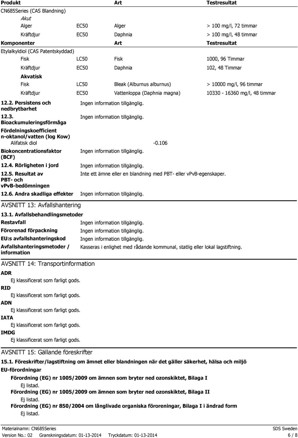 10330 16360 mg/l, 48 timmar 12.2. Persistens och nedbrytbarhet 12.3. Bioackumuleringsförmåga Fördelningskoefficient noktanol/vatten (log Kow) Alifatisk diol 0.106 Biokoncentrationsfaktor (BCF) 12.4. Rörligheten i jord 12.