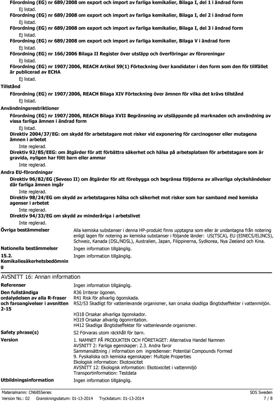 form Förordning (EG) nr 166/2006 Bilaga II Register över utsläpp och överföringar av föroreningar Förordning (EG) nr 1907/2006, REACH Artikel 59(1) Förteckning över kandidater i den form som den för