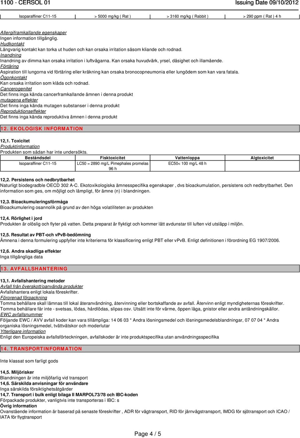 Aspiration till lungorna vid förtäring eller kräkning kan orsaka bronocopneumonia eller lungödem som kan vara fatala. Kan orsaka irritation som klåda och rodnad.