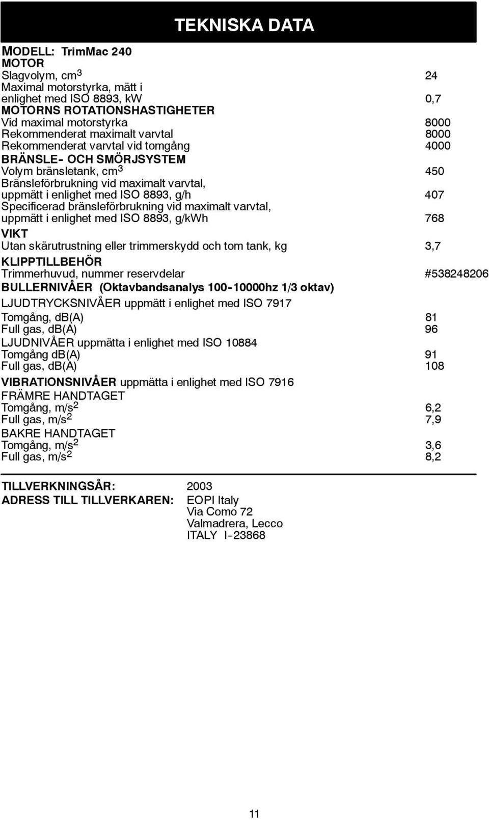 Specificerad bränsleförbrukning vid maximalt varvtal, uppmätt i enlighet med ISO 8893, g/kwh 768 VIKT Utan skärutrustning eller trimmerskydd och tom tank, kg 3,7 KLIPPTILLBEHÖR Trimmerhuvud, nummer