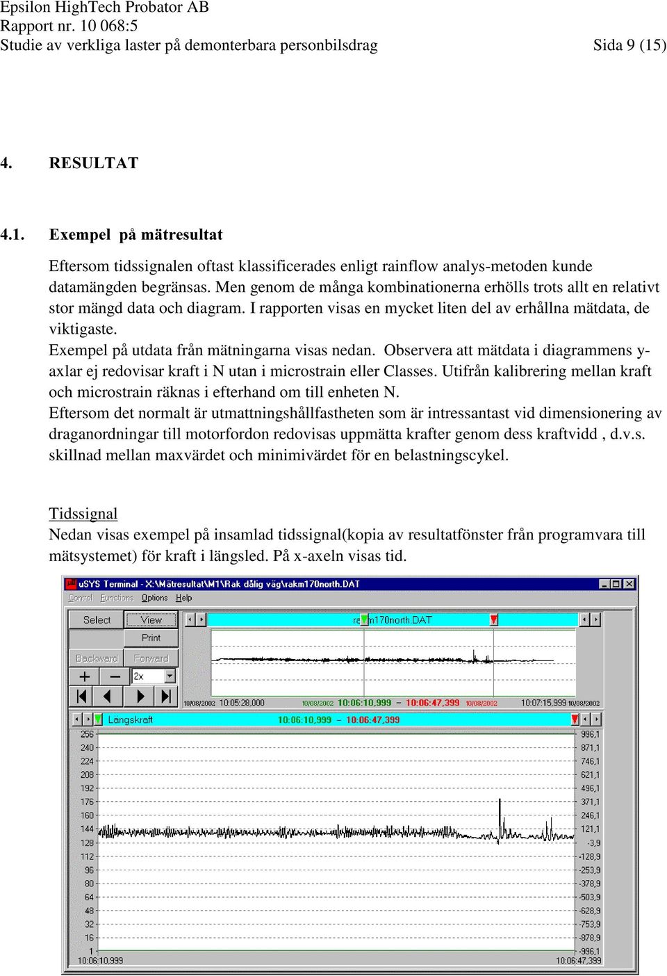 Exempel på utdata från mätningarna visas nedan. Observera att mätdata i diagrammens y- axlar ej redovisar kraft i N utan i microstrain eller Classes.