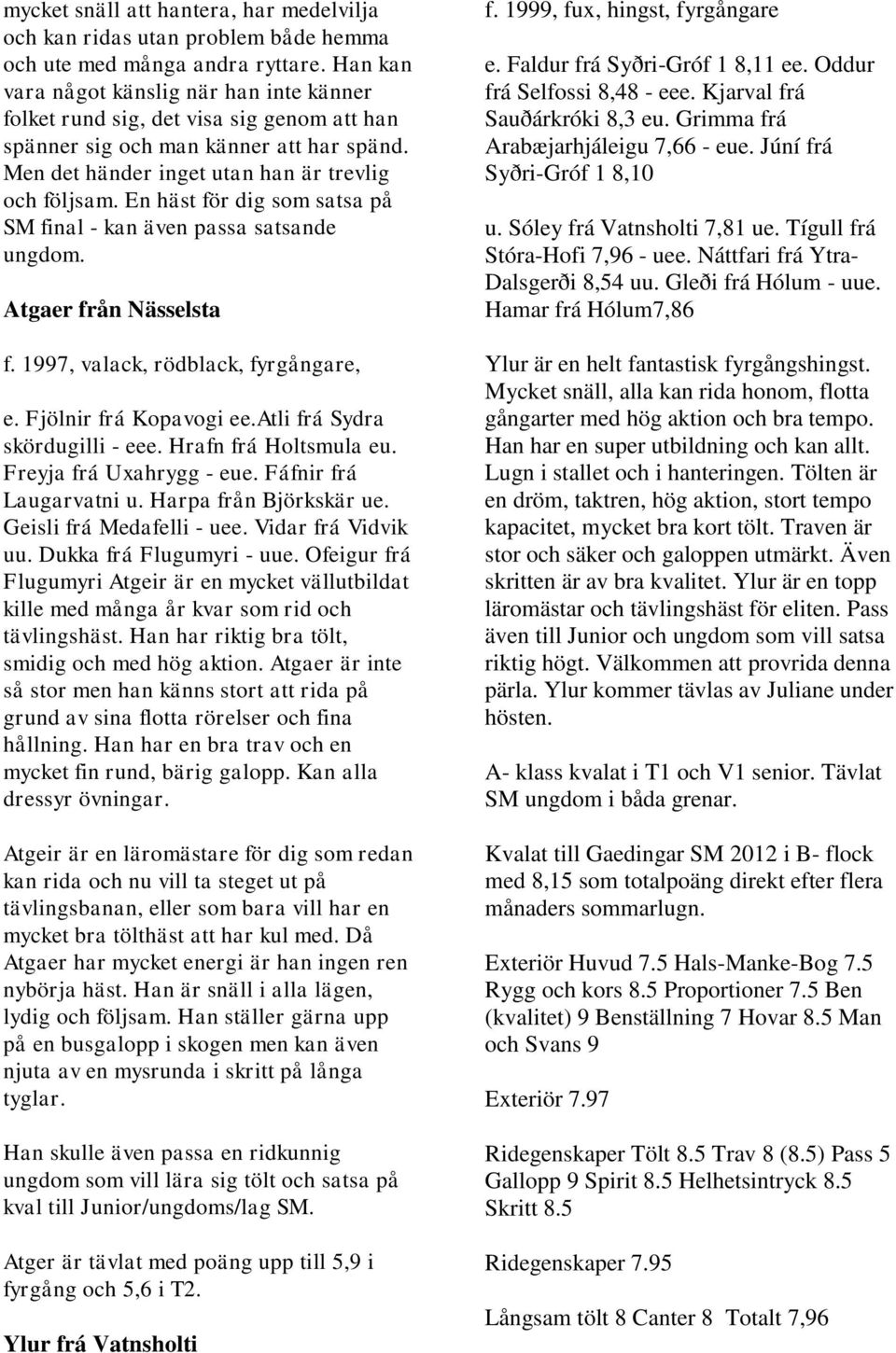 En häst för dig som satsa på SM final - kan även passa satsande ungdom. Atgaer från Nässelsta f. 1997, valack, rödblack, fyrgångare, e. Fjölnir frá Kopavogi ee.atli frá Sydra skördugilli - eee.