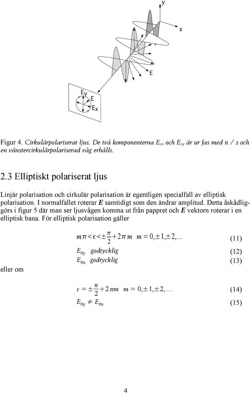 3 Elliptiskt polariserat ljus Linjär polarisation och cirkulär polarisation är egentligen specialfall av elliptisk polarisation.