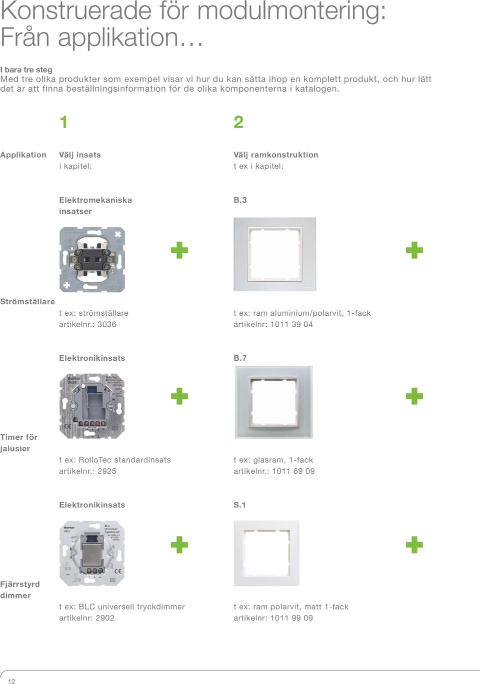 3 insatser Strömställare t ex: strömställare t ex: ram aluminium/polarvit, fack artikelnr.: 3036 artikelnr: 0 39 04 Elektronikinsats B.