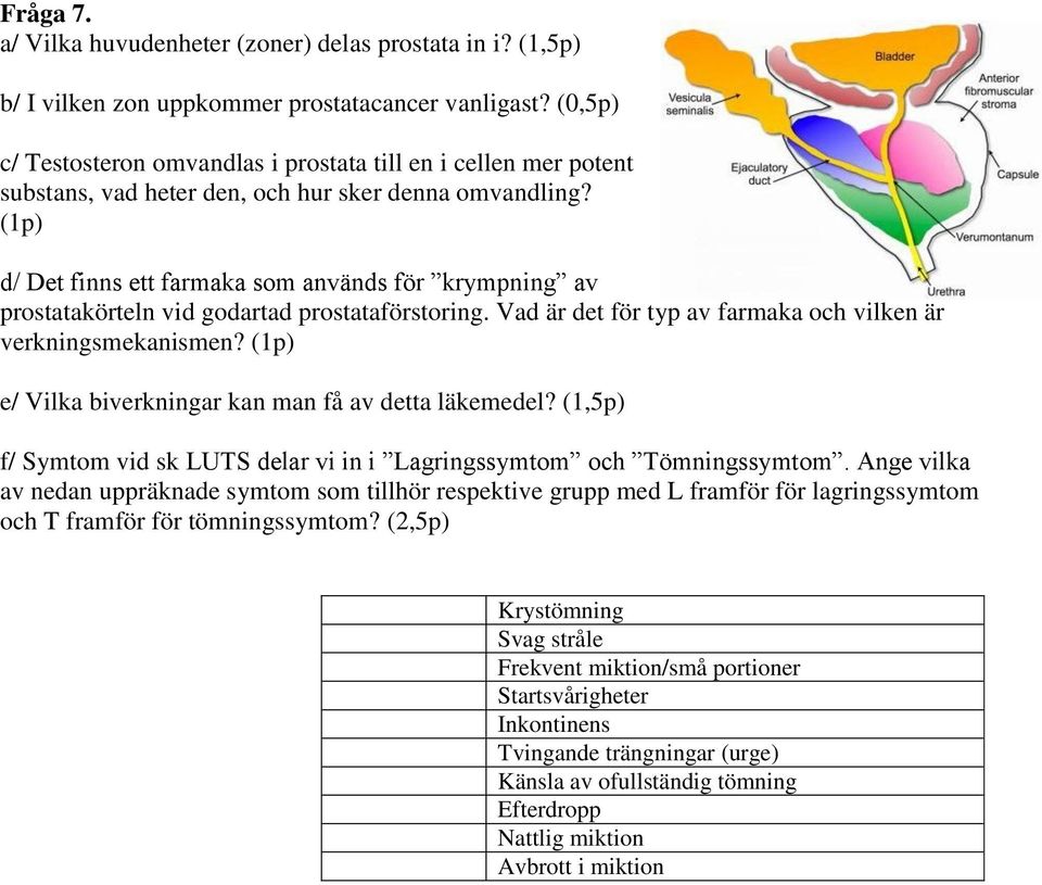 (1p) d/ Det finns ett farmaka som används för krympning av prostatakörteln vid godartad prostataförstoring. Vad är det för typ av farmaka och vilken är verkningsmekanismen?