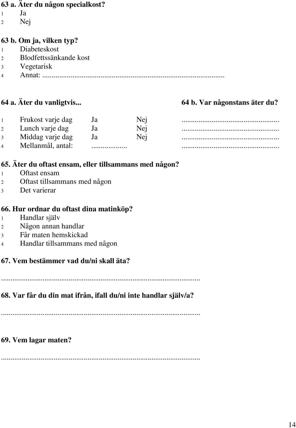 Äter du oftast ensam, eller tillsammans med någon? 1 Oftast ensam 2 Oftast tillsammans med någon 3 Det varierar 66. Hur ordnar du oftast dina matinköp?