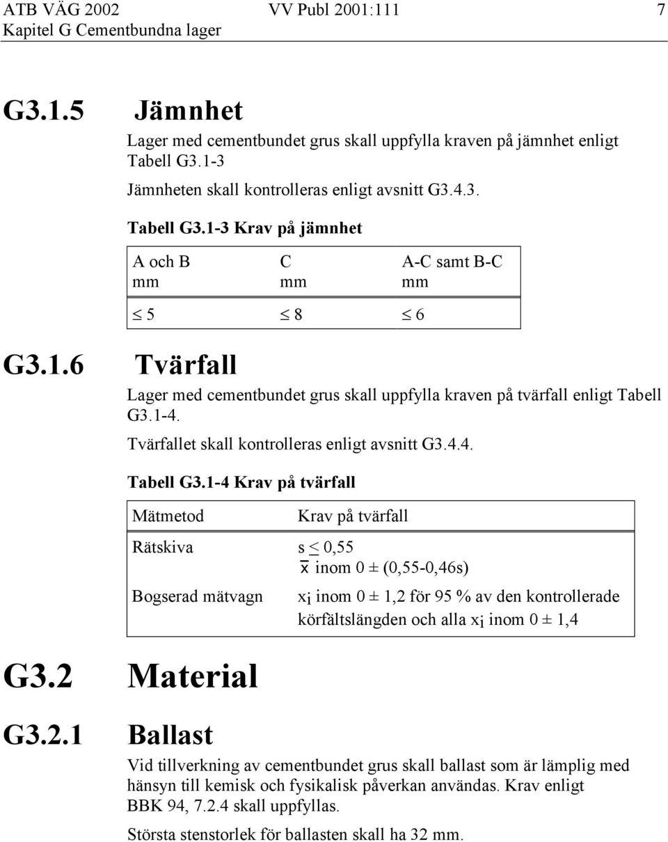 1-4. Tvärfallet skall kontrolleras enligt avsnitt G3.4.4. Tabell G3.1-4 Krav på tvärfall Mätmetod Krav på tvärfall Rätskiva s < 0,55 x inom 0 ± (0,55-0,46s) Bogserad mätvagn G3.