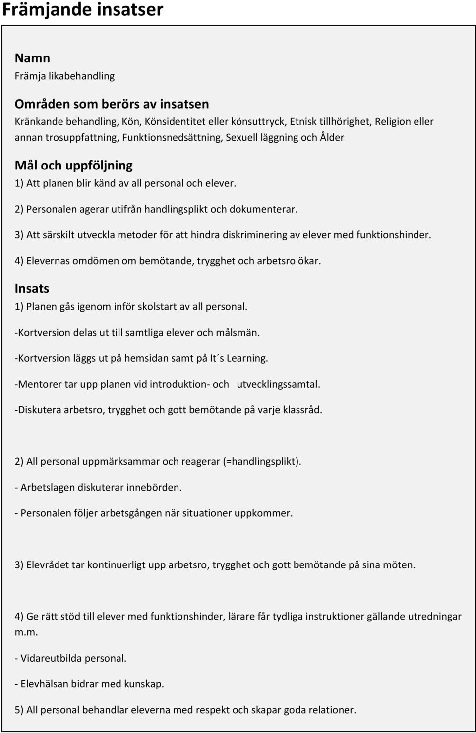 3) Att särskilt utveckla metoder för att hindra diskriminering av elever med funktionshinder. 4) Elevernas omdömen om bemötande, trygghet och arbetsro ökar.