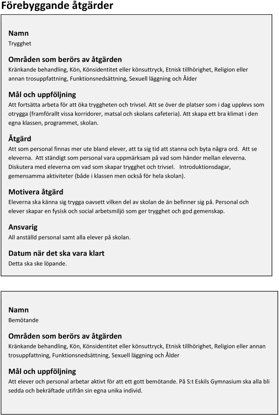 Att se över de platser som i dag upplevs som otrygga (framförallt vissa korridorer, matsal och skolans cafeteria). Att skapa ett bra klimat i den egna klassen, programmet, skolan.