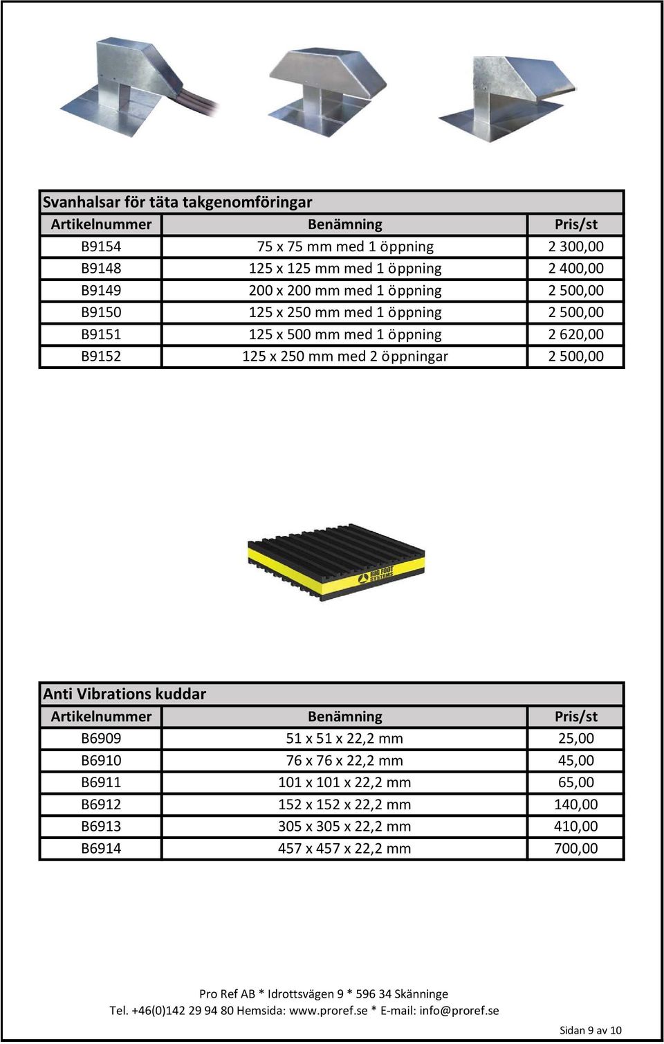 250 mm med 2 öppningar 2 500,00 Anti Vibrations kuddar B6909 51 x 51 x 22,2 mm 25,00 B6910 76 x 76 x 22,2 mm 45,00 B6911 101 x