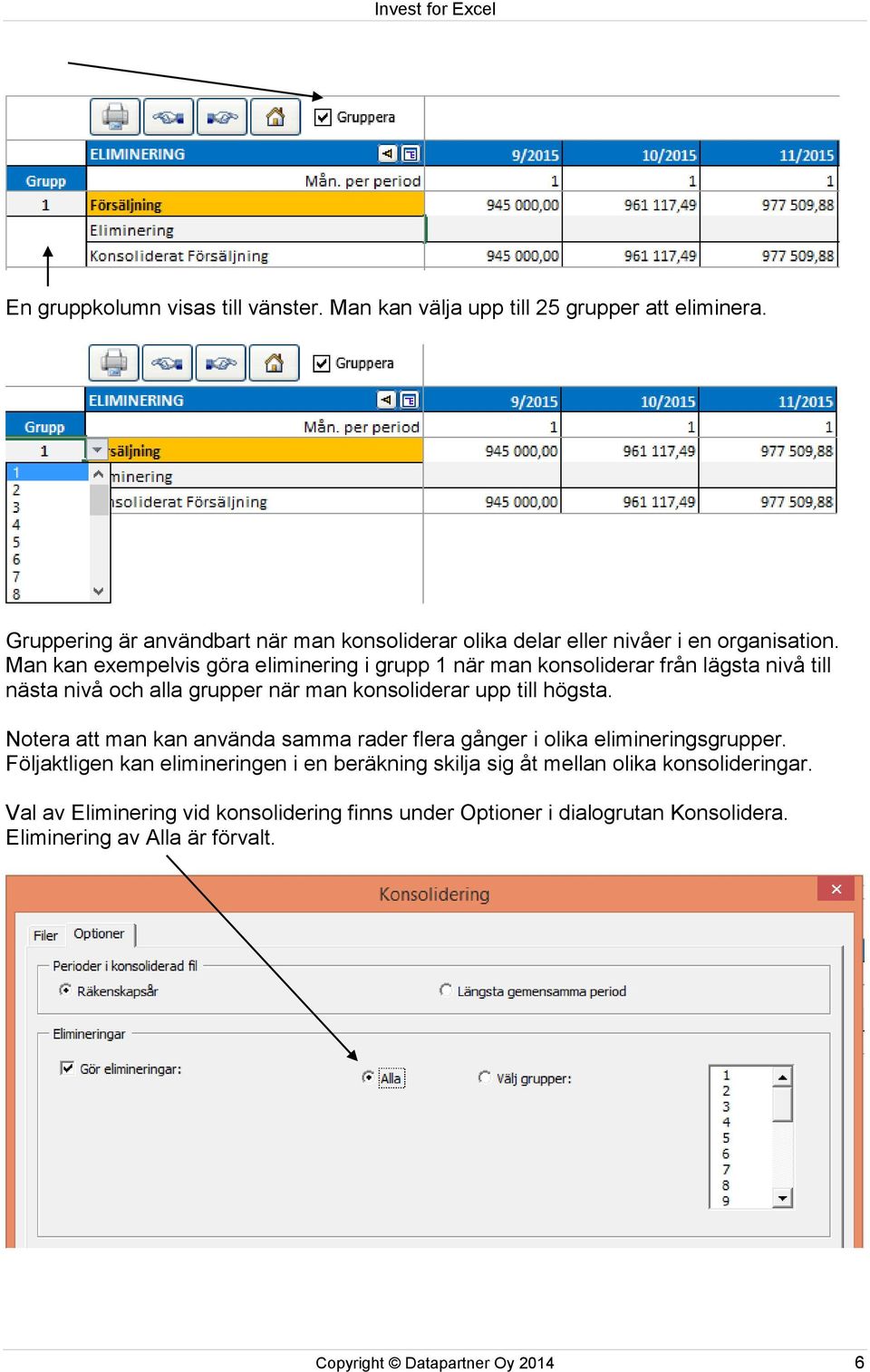 Man kan exempelvis göra eliminering i grupp 1 när man konsoliderar från lägsta nivå till nästa nivå och alla grupper när man konsoliderar upp till högsta.