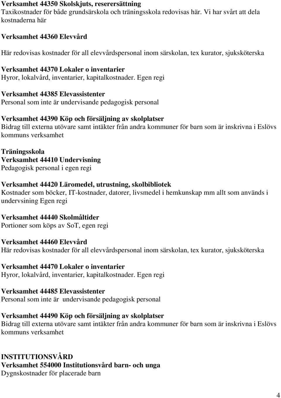 Verksamhet 44385 Elevassistenter Personal som inte är undervisande pedagogisk personal Verksamhet 44390 Köp och försäljning av skolplatser Träningsskola Verksamhet 44410 Undervisning Verksamhet 44420