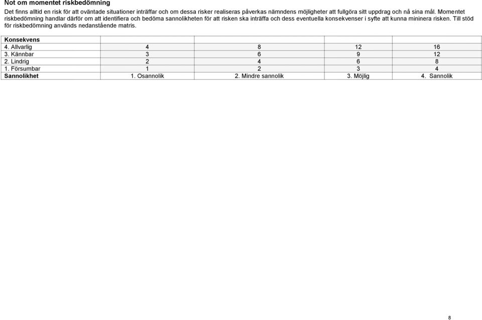 Mmentet riskbedömn handlar därför m att identifiera ch bedöma sannlikheten för att risken ska inträffa ch dess eventuella knsekvenser i syfte