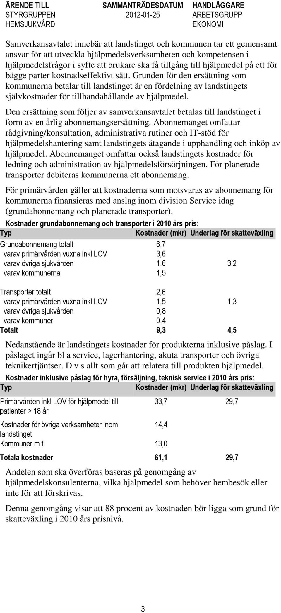 Grunden för den ersättning som kommunerna betalar till landstinget är en fördelning av landstingets självkostnader för tillhandahållande av hjälpmedel.