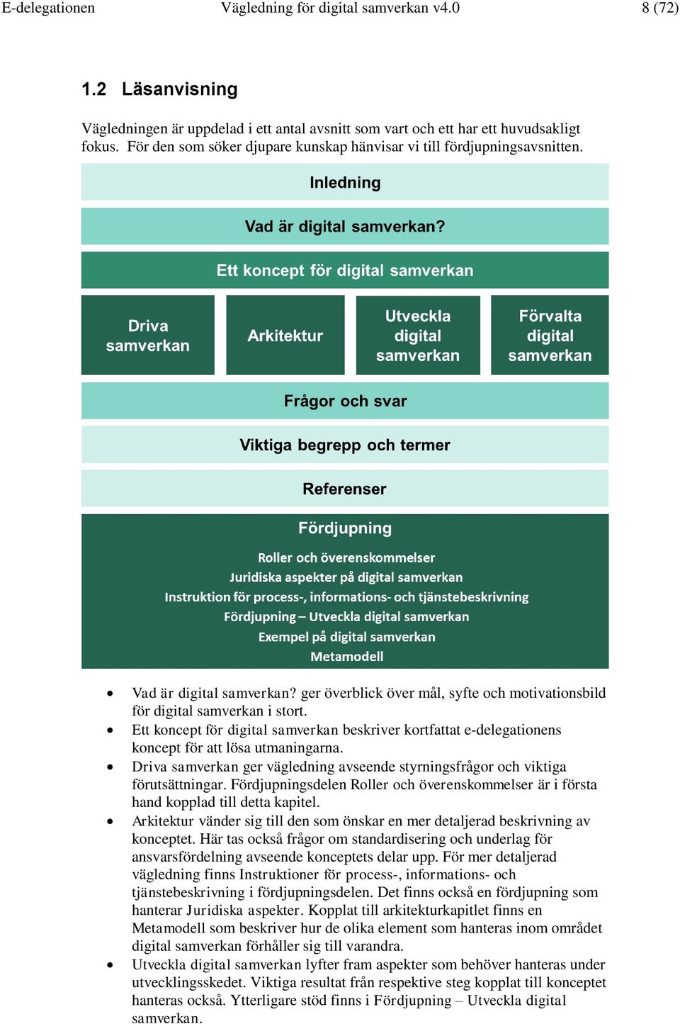 Ett koncept för digital samverkan beskriver kortfattat e-delegationens koncept för att lösa utmaningarna. Driva samverkan ger vägledning avseende styrningsfrågor och viktiga förutsättningar.