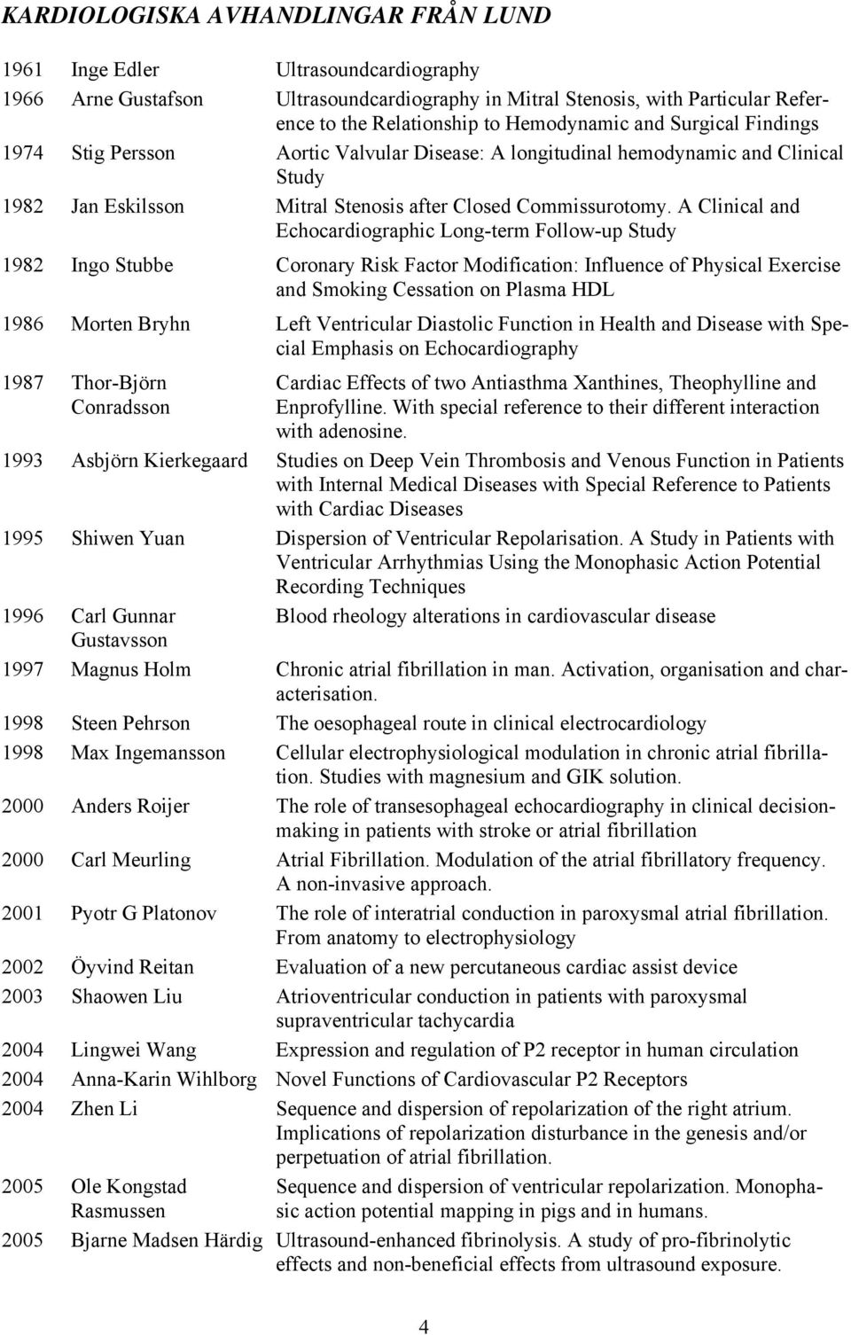 A Clinical and Echocardiographic Long-term Follow-up Study 1982 Ingo Stubbe Coronary Risk Factor Modification: Influence of Physical Exercise and Smoking Cessation on Plasma HDL 1986 Morten Bryhn