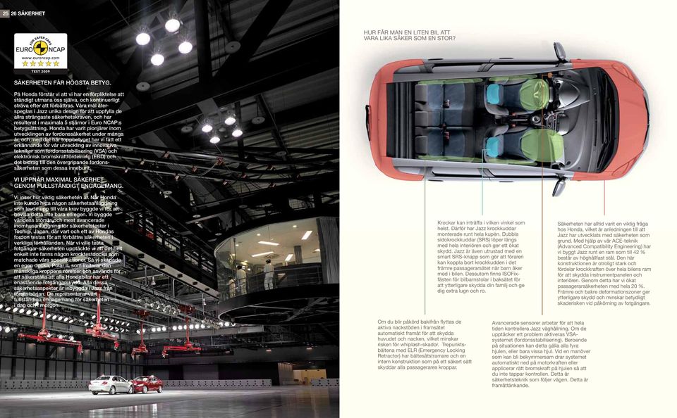 Våra mål återspeglas i Jazz unika design för att uppfylla de allra strängaste säkerhetskraven, och har resulterat i maximala 5 stjärnor i Euro NCAP:s betygsättning.