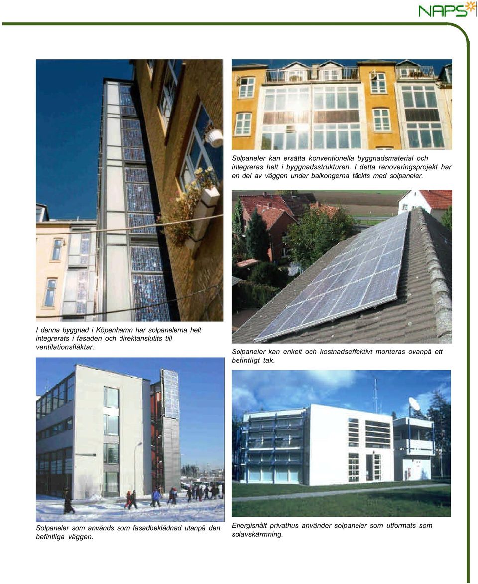 I denna byggnad i Köpenhamn har solpanelerna helt integrerats i fasaden och direktanslutits till ventilationsfläktar.