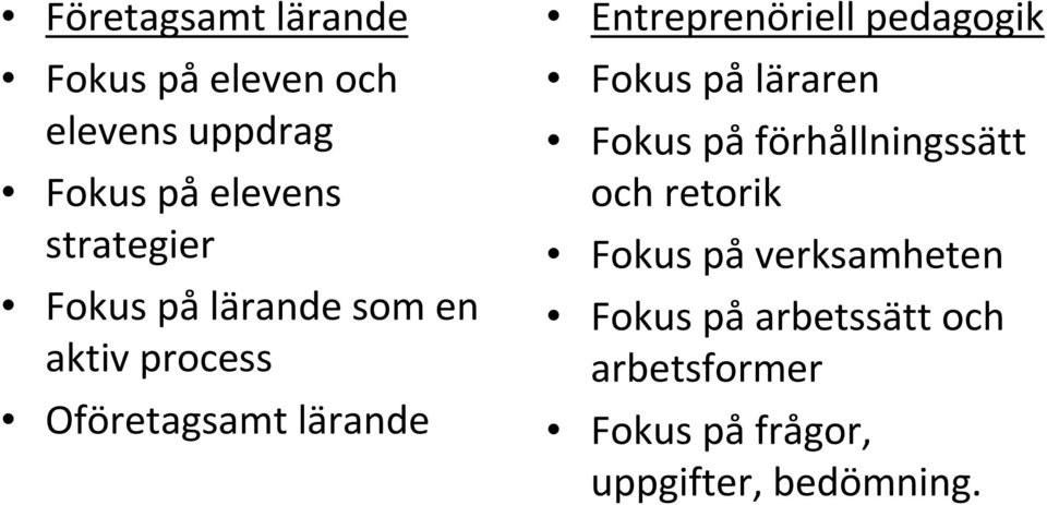 Entreprenöriell pedagogik Fokus på läraren Fokus påförhållningssätt och