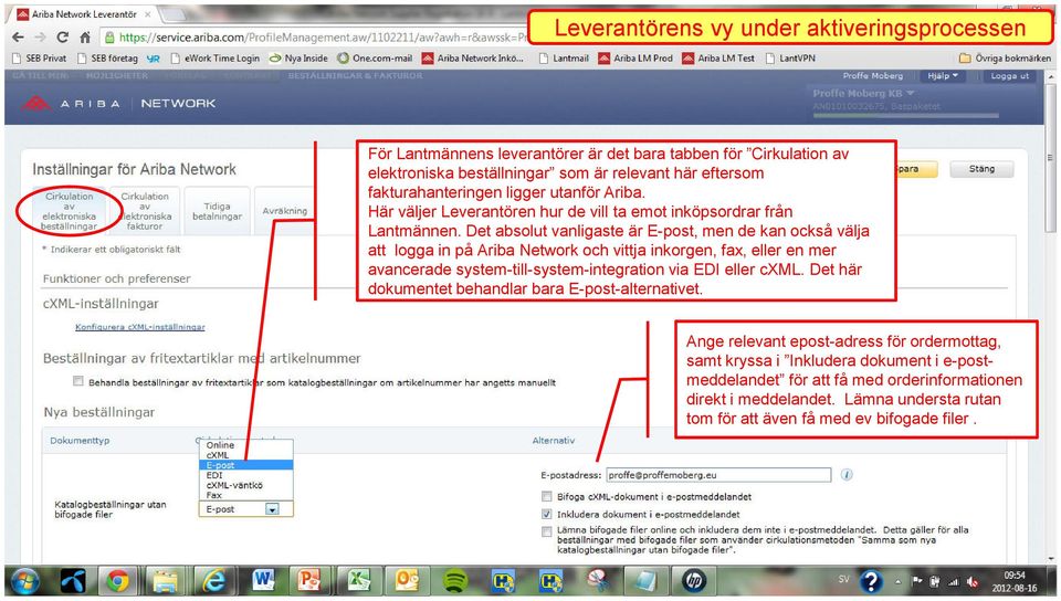 Det absolut vanligaste är E-post, men de kan också välja att logga in på Ariba Network och vittja inkorgen, fax, eller en mer avancerade system-till-system-integration via